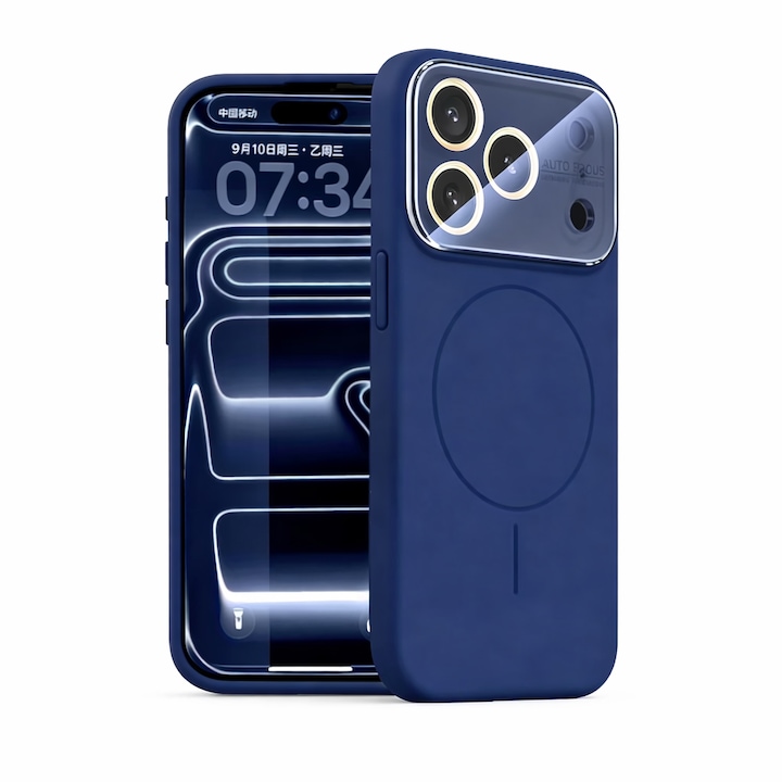 Husa pentru iPhone 17 Pro, Silicon Catifelat cu Interior din Microfibra, Compatibila cu MagSafe, Protectie Completa Camera, Bleumarin