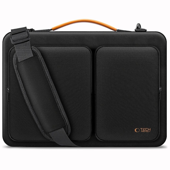Geanta laptop Tech-Protect Defender, 15-16 inch, neagra/portocalie, 38.5x25.5x3cm, set cu curea
