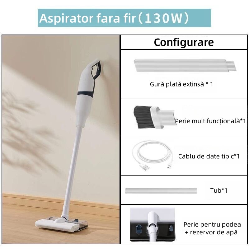 Aspirator vertical fara fir, 130W, 9000Pa, reglare in 2 viteze, capacitate cupa de praf 1, 2L, 2200mAh, potrivit pentru lucrarile de curatare casnica, alb