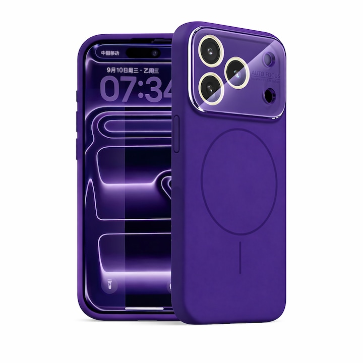 Husa pentru iPhone 17 Pro Max, Silicon Catifelat cu Interior din Microfibra, Compatibila cu MagSafe, Protectie Completa Camera, Mov