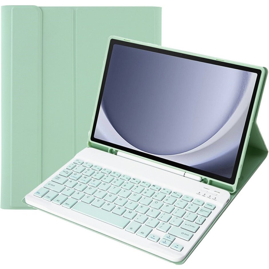 Husa cu tastatura compatibila cu Samsung Galaxy Tab A9+, XGSM, Piele, Cu suport de pix, Verde deschis