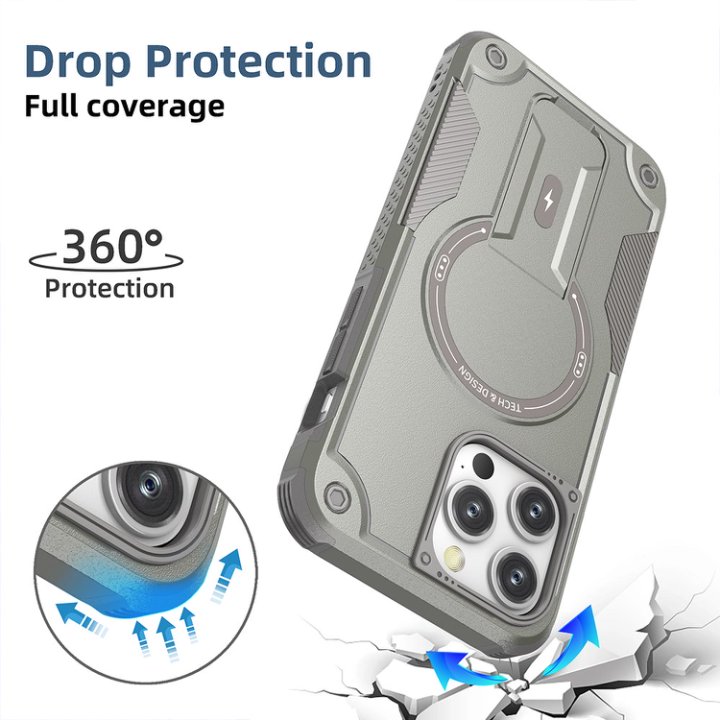 Husa Bumper Compatibil cu iPhone 15 Pro Max, Protectie 4 Colturi Anti-soc, Suport Fix, MagSafe Compatibil, Magnet Puternic, PC + TPU, Gri Metalic