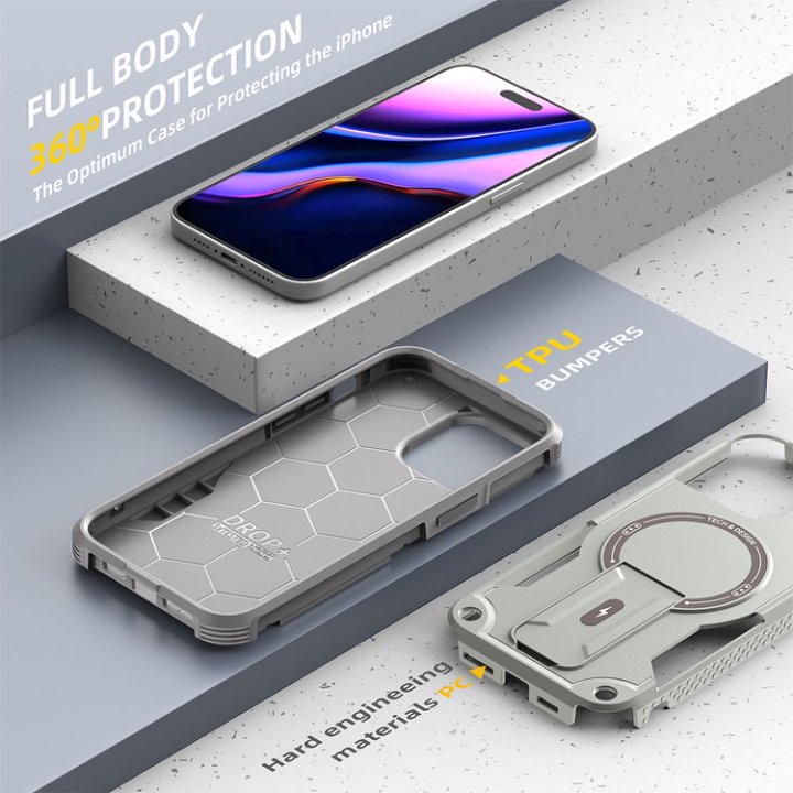Husa Bumper Compatibil cu iPhone 15 Pro Max, Protectie 4 Colturi Anti-soc, Suport Fix, MagSafe Compatibil, Magnet Puternic, PC + TPU, Gri Metalic