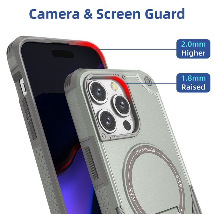 Husa Bumper Compatibil cu iPhone 15 Pro Max, Protectie 4 Colturi Anti-soc, Suport Fix, MagSafe Compatibil, Magnet Puternic, PC + TPU, Gri Metalic