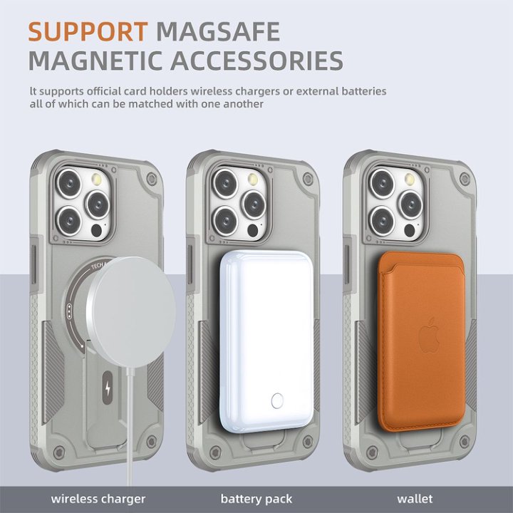 Husa Bumper Compatibil cu iPhone 15 Pro Max, Protectie 4 Colturi Anti-soc, Suport Fix, MagSafe Compatibil, Magnet Puternic, PC + TPU, Gri Metalic