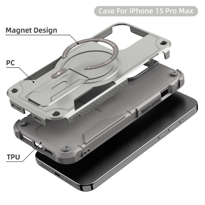 Husa Bumper Compatibil cu iPhone 15 Pro Max, Protectie 4 Colturi Anti-soc, Suport Fix, MagSafe Compatibil, Magnet Puternic, PC + TPU, Gri Metalic