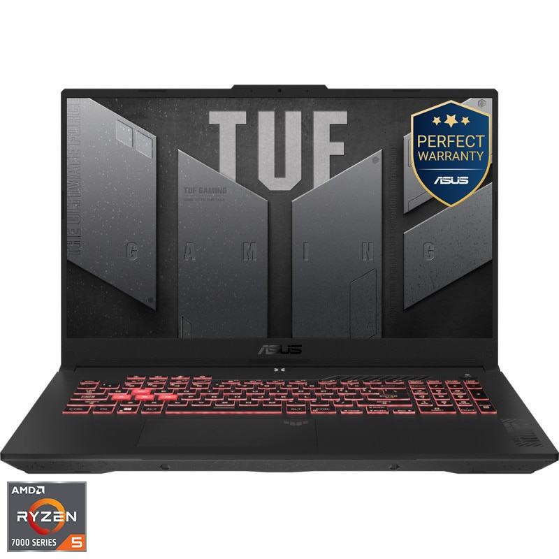 Laptop Gaming ASUS TUF A17 FA707NU cu procesor AMD Ryzen™ 5 7535HS pana la 4.55GHz, 17.3'', Full HD, IPS, 144Hz, 16GB DDR5 RAM, 512GB SSD, NVIDIA® GeForce RTX™ 4050 6GB GDDR6, No OS, Mecha Gray