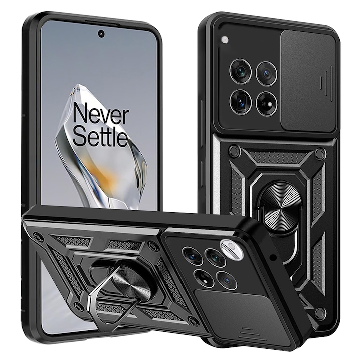 Husa pentru OnePlus 12R Premium Hybrid Armor Kickstand, Slider Camera, Antisoc, Protectie Superioara, Negru