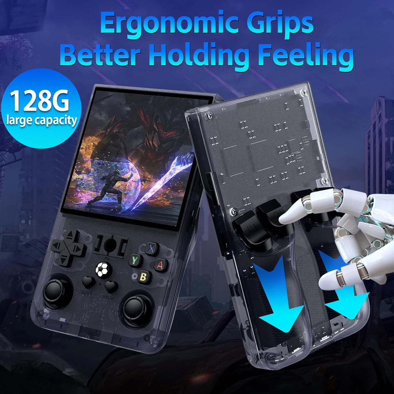 Consola de Jocuri Portabila, BYONDSELF®, Retro, Ecran IPS 4 Inch, 128GB, 22000+ de Jocuri, 720 x 720, 4000mAh, Ecran HD de Inalta Calitate, Doua Joystick-uri, Mufa pentru Casti, Compact, Negru