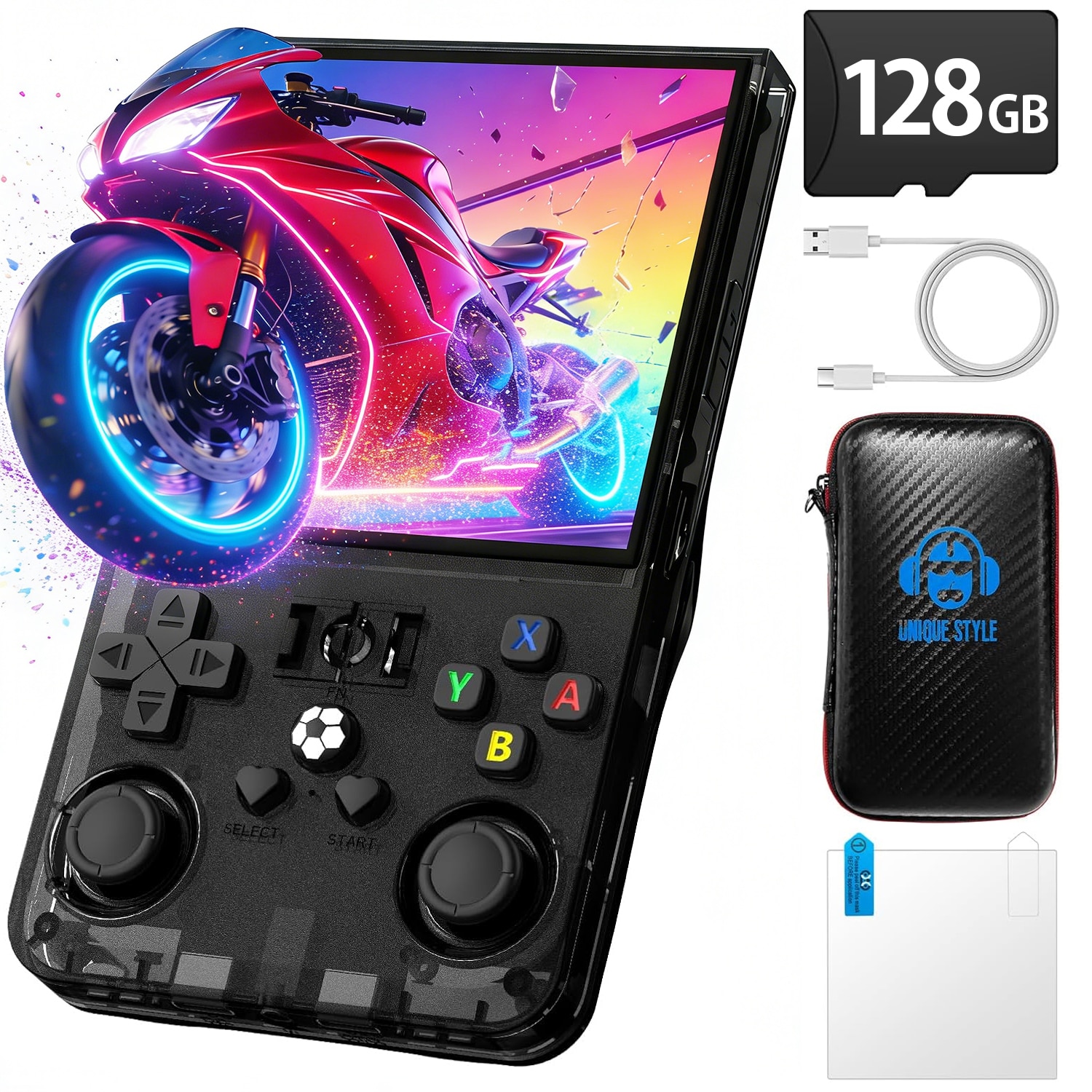 Consola de Jocuri Portabila, BYONDSELF®, Retro, Ecran IPS 4 Inch, 128GB, 22000+ de Jocuri, 720 x 720, 4000mAh, Ecran HD de Inalta Calitate, Doua Joystick-uri, Mufa pentru Casti, Compact, Negru