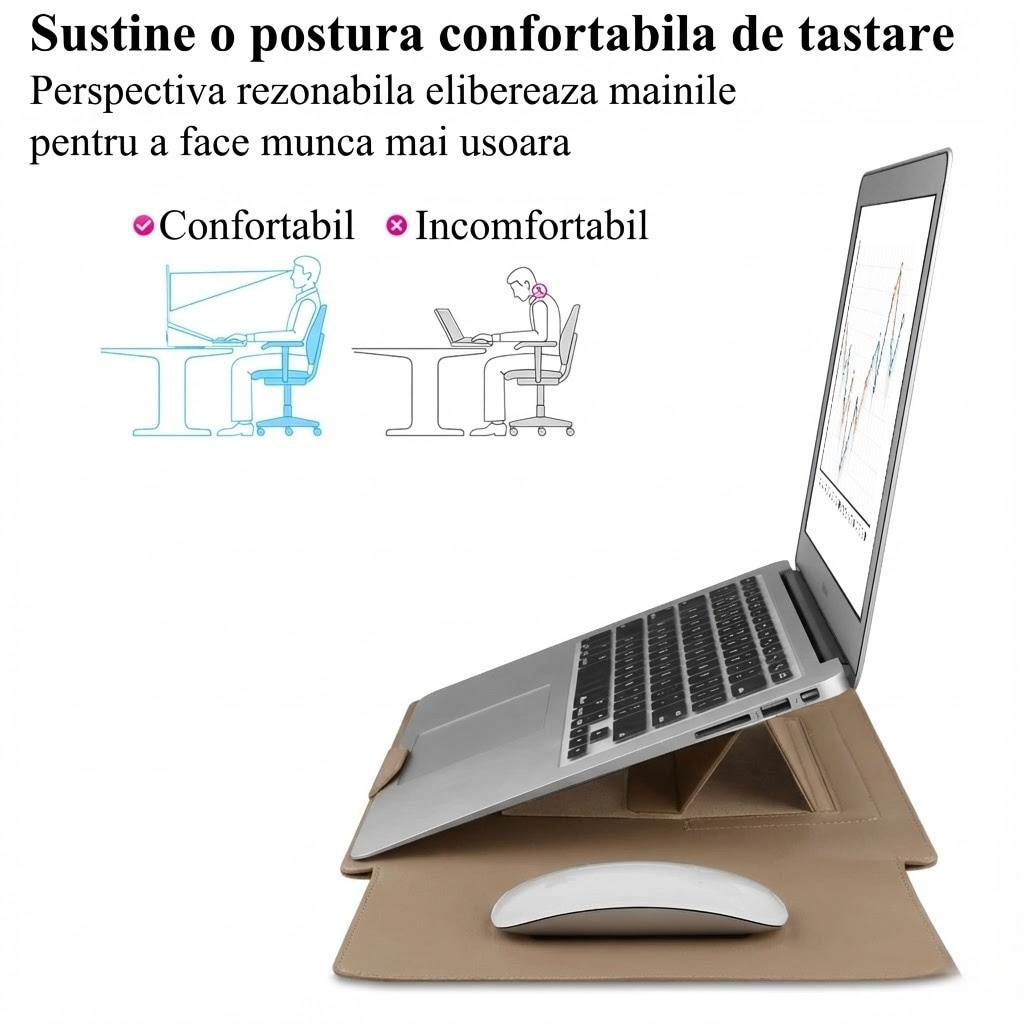 Husa Laptop 13-14 inch compatibila cu MacBook Air, oein®, MacBook Pro, Piele Ecologica, Marime Universala, 25 x 34 cm, Kaki