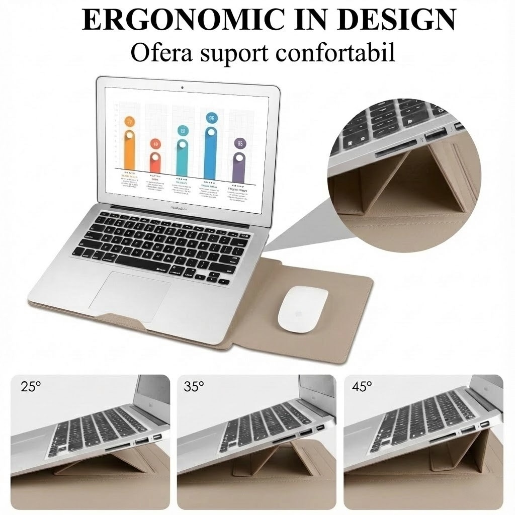 Husa Laptop 13-14 inch compatibila cu MacBook Air, oein®, MacBook Pro, Piele Ecologica, Marime Universala, 25 x 34 cm, Kaki