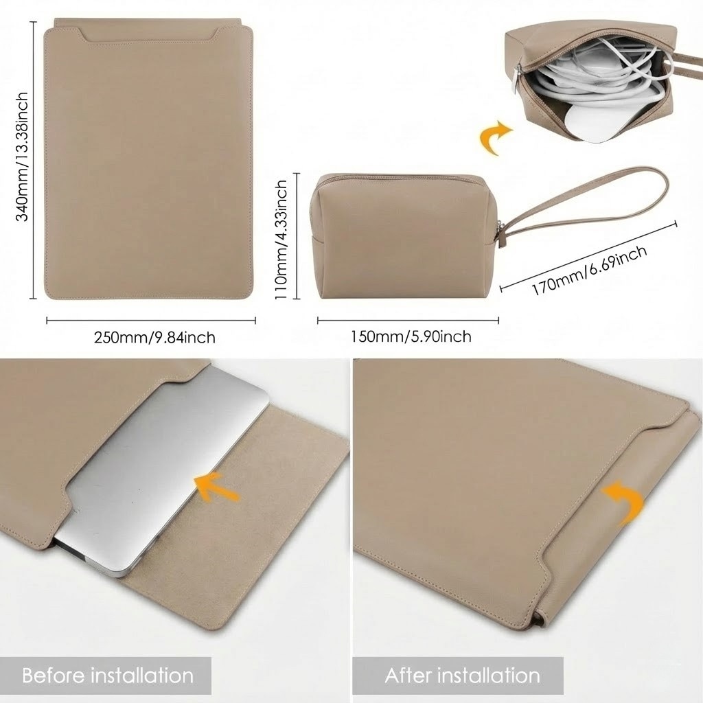 Husa Laptop 13-14 inch compatibila cu MacBook Air, oein®, MacBook Pro, Piele Ecologica, Marime Universala, 25 x 34 cm, Kaki