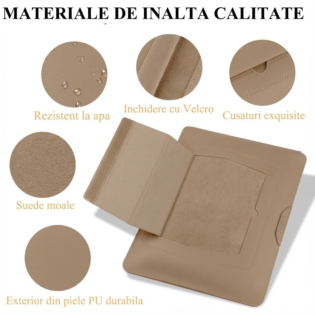 Husa Laptop 13-14 inch compatibila cu MacBook Air, oein®, MacBook Pro, Piele Ecologica, Marime Universala, 25 x 34 cm, Kaki