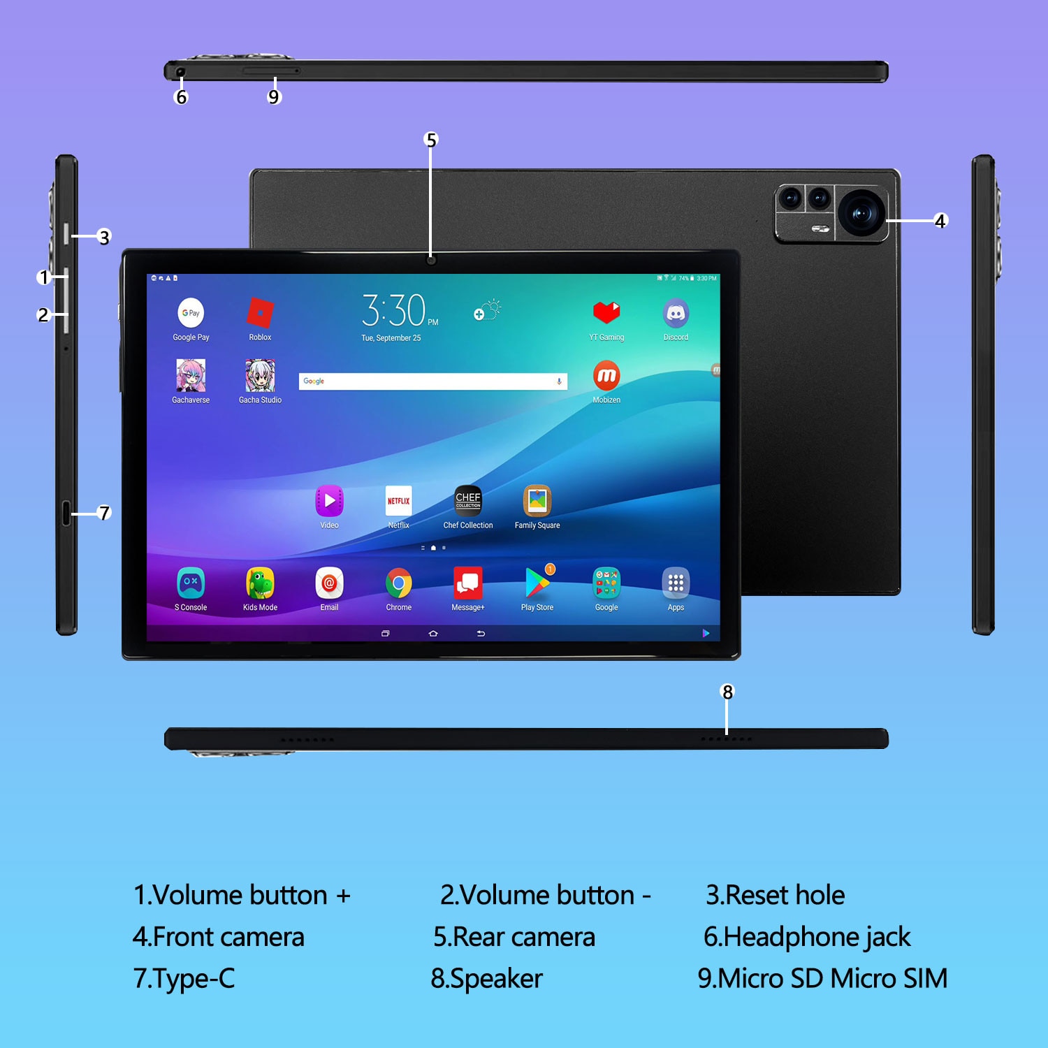 Tableta 10.1" MIVISO®, Octa-Core, 4G LTE/5G WIFI, 8GB RAM/256GB ROM, Android 13, HD 1920*1200, 8000mAh, 13MP+8MP, Negru,1920 x 1200 Cu SIM 10.1 inch 256 GB