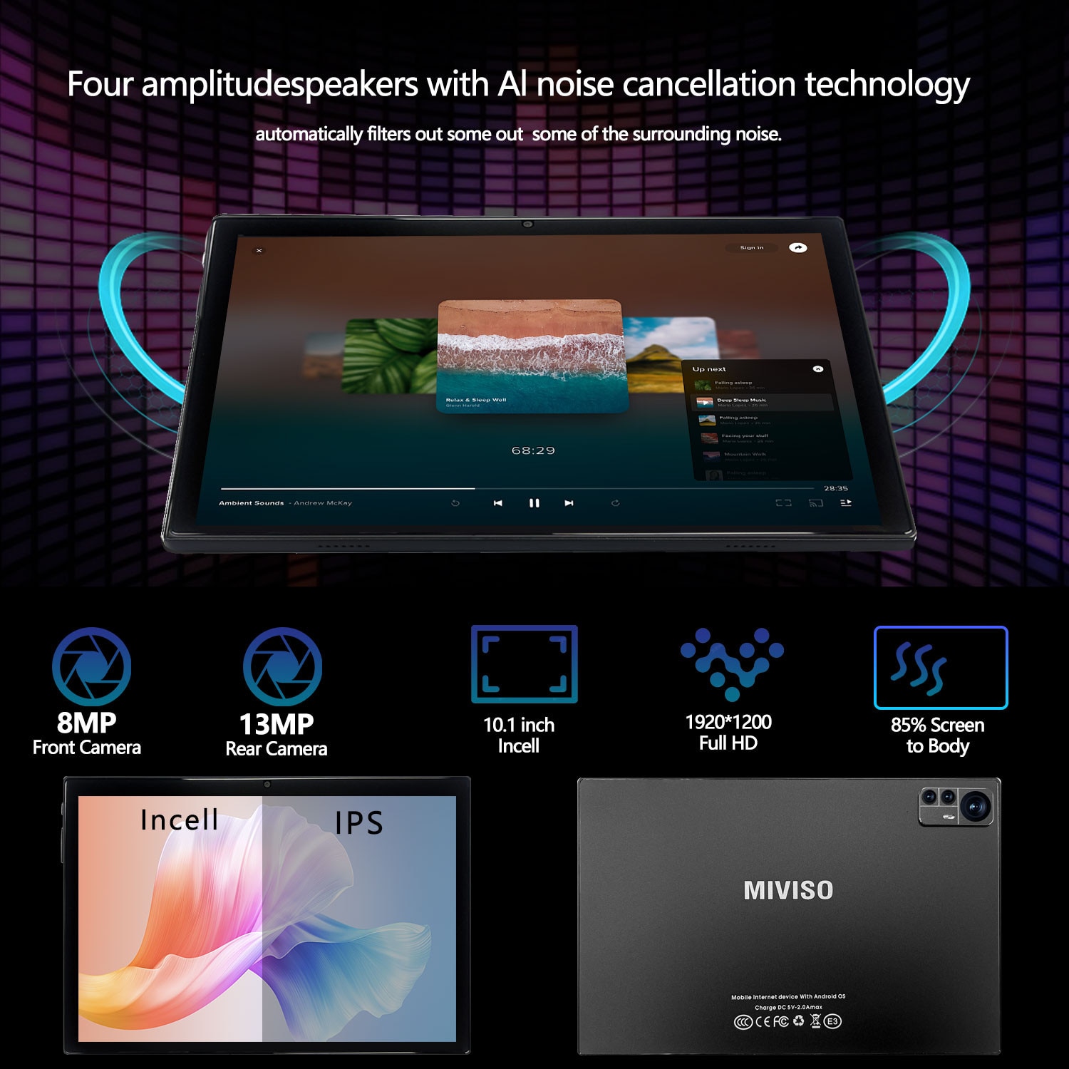 Tableta 10.1" MIVISO®, Octa-Core, 4G LTE/5G WIFI, 8GB RAM/256GB ROM, Android 13, HD 1920*1200, 8000mAh, 13MP+8MP, Negru,1920 x 1200 Cu SIM 10.1 inch 256 GB