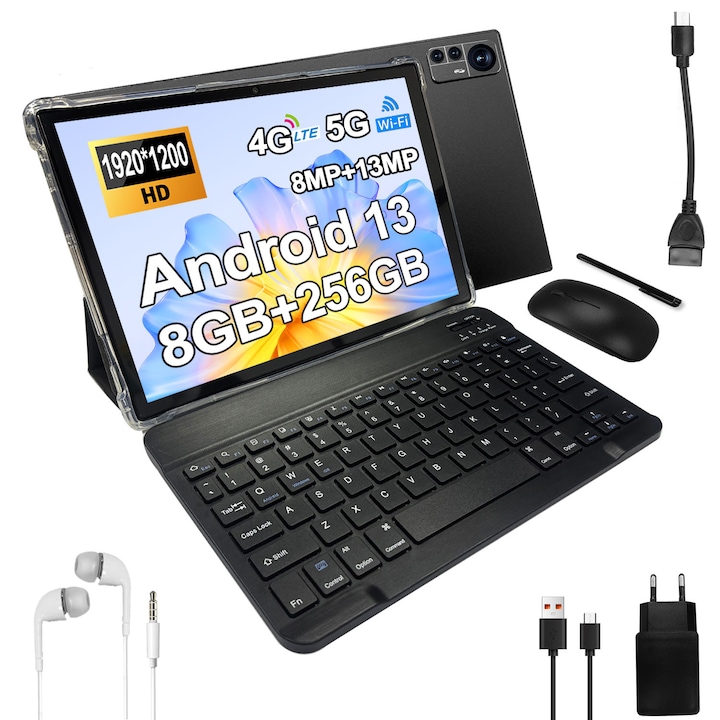 Tableta 10.1" MIVISO®, Octa-Core, 4G LTE/5G WIFI, 8GB RAM/256GB ROM, Android 13, HD 1920*1200, 8000mAh, 13MP+8MP, Negru,1920 x 1200 Cu SIM 10.1 inch 256 GB