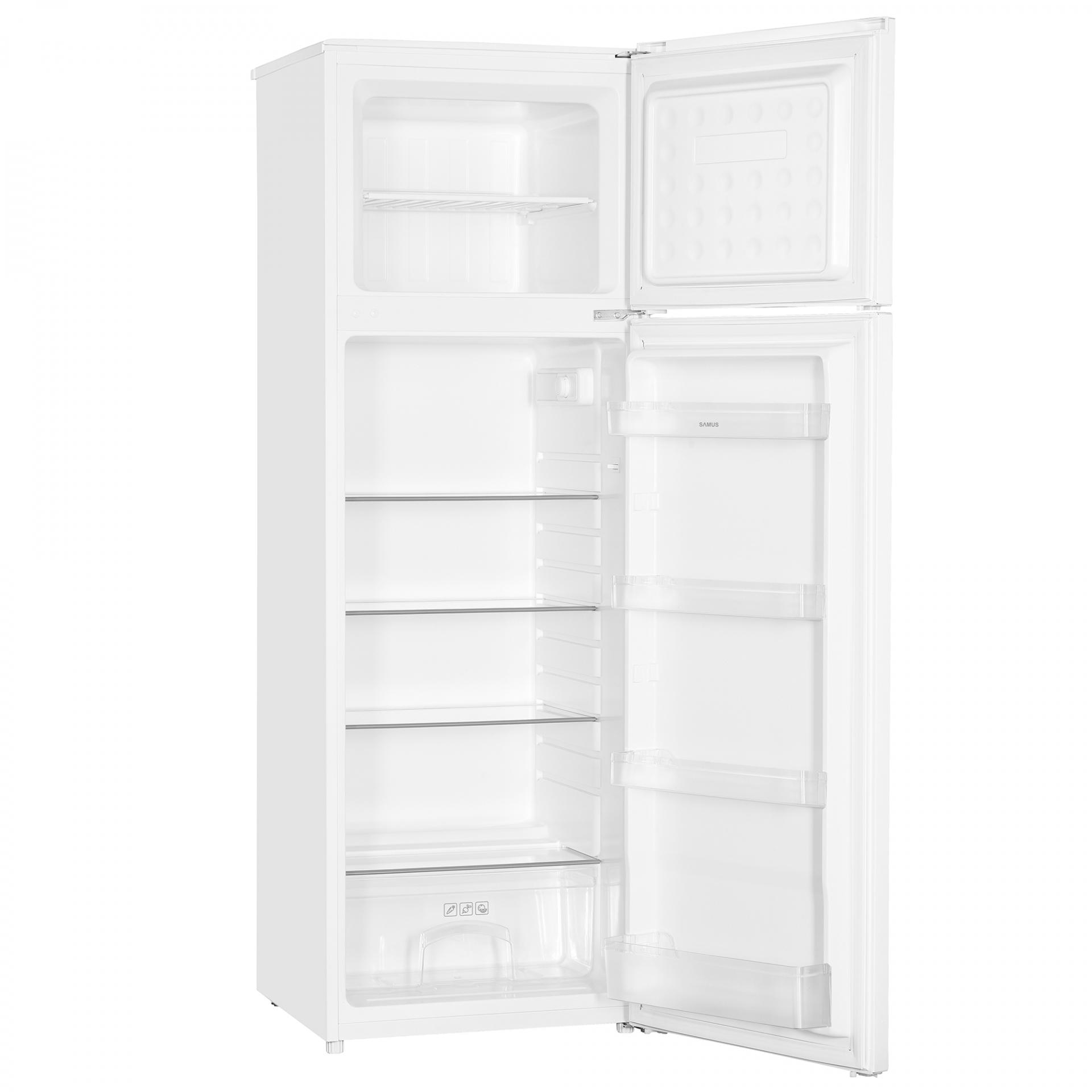 Frigider cu doua usi Samus SW344E, 248 L, H 165 cm, Termostat reglabil, 4 rafturi sticla, Clasa energetica E, Alb