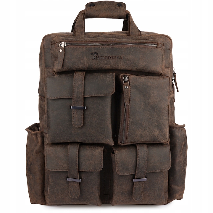 Rucsac din piele pentru laptop 15,6", maroniu, cu multiple compartimente, set organizatoric, Beltimore