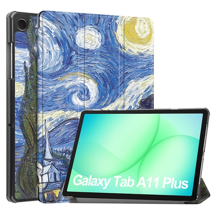 Husa tableta pentru Samsung Galaxy Tab A11 Plus / A9 Plus, SKYDDAR INNOVATION, cu suport Multi-Unghi si functie Sleep/Wake, FoldPro, Starry night, set cu sticker