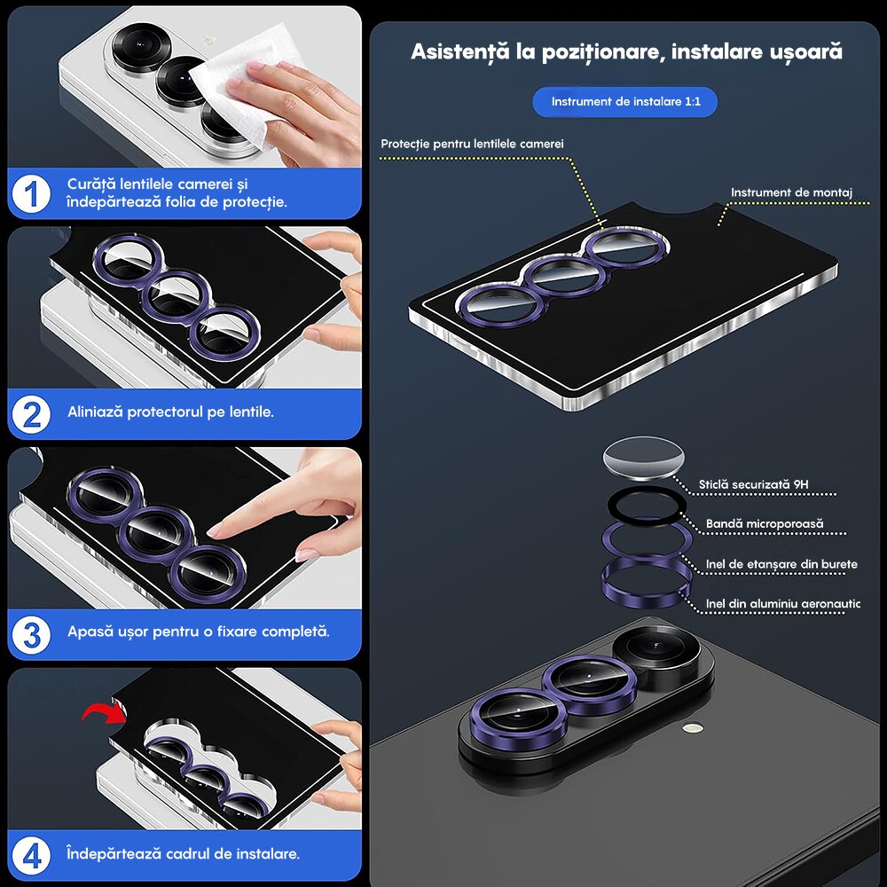 Folie Protectie Lentile Camera compatibila cu Samsung Galaxy Z Fold7, CASEY STUDIOS™ MaxDefense+, Ultra HD, Anti Amprente, Anti Zgarieturi, Anti Socuri, Mov Inchis