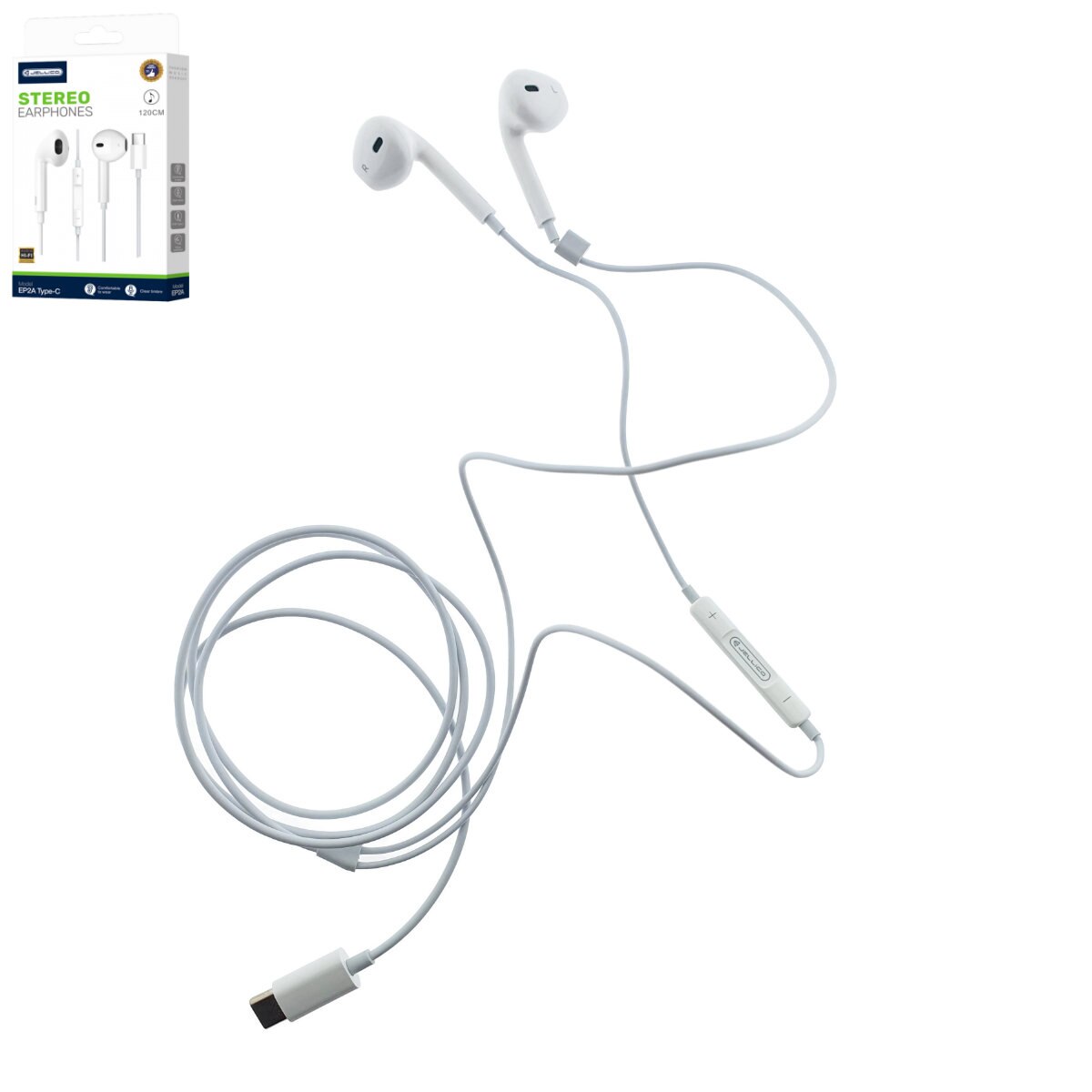 Casti JELLICO EP2A, conector USB-C, cu microfon, cablu 1.2M, semi-In-Ear, sunet puternic, bass profund, albe Alb