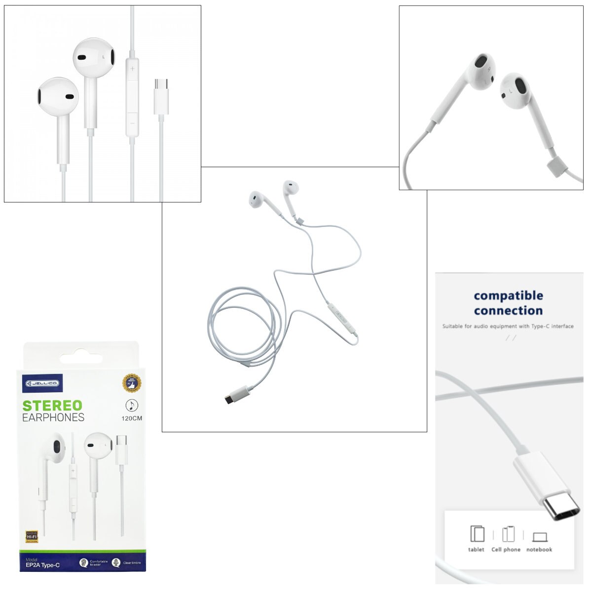 Casti JELLICO EP2A, conector USB-C, cu microfon, cablu 1.2M, semi-In-Ear, sunet puternic, bass profund, albe Alb