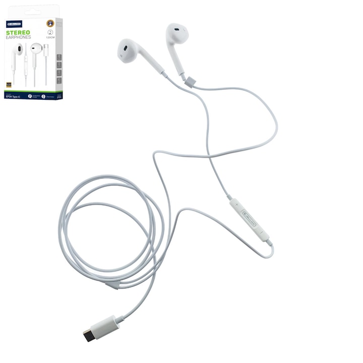 Casti JELLICO EP2A, conector USB-C, cu microfon, cablu 1.2M, semi-In-Ear, sunet puternic, bass profund, albe Alb