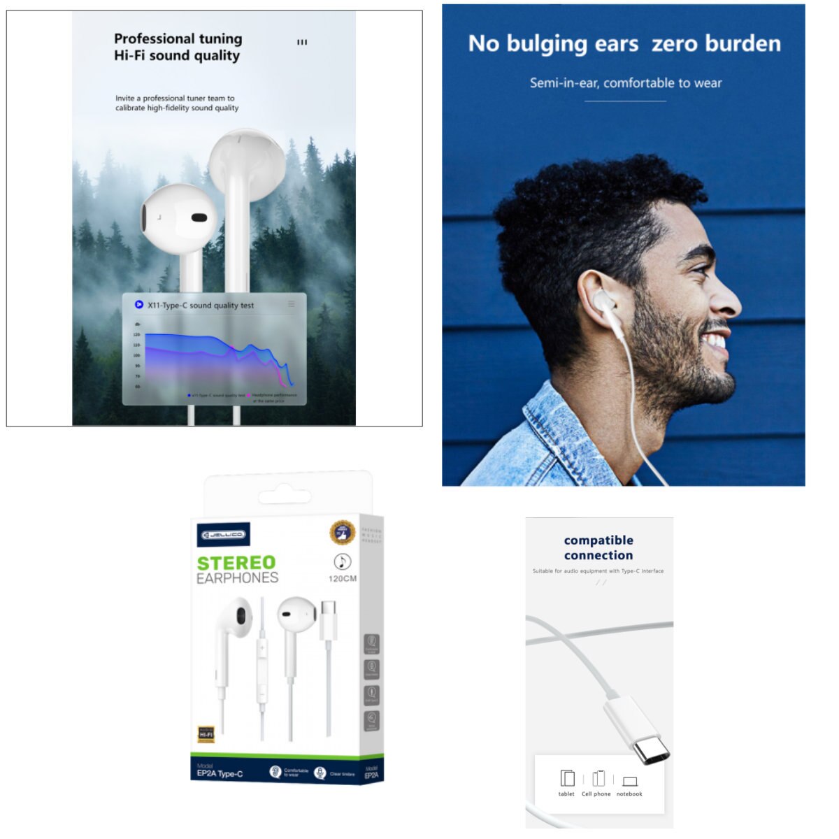 Casti JELLICO EP2A, conector USB-C, cu microfon, cablu 1.2M, semi-In-Ear, sunet puternic, bass profund, albe Alb