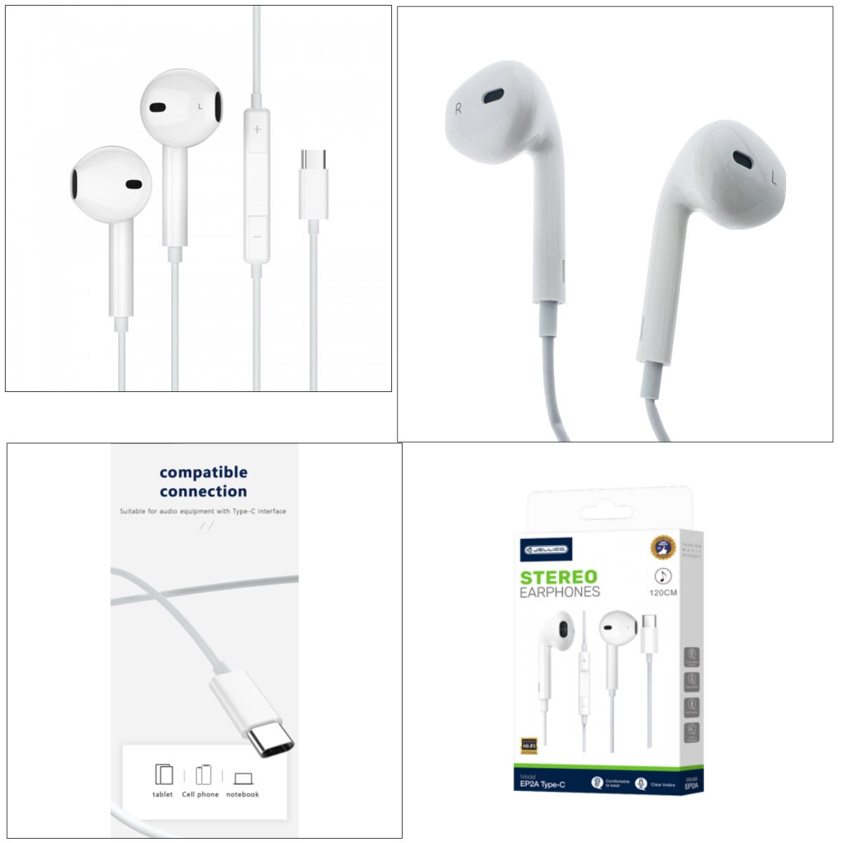 Casti JELLICO EP2A, conector USB-C, cu microfon, cablu 1.2M, semi-In-Ear, sunet puternic, bass profund, albe Alb