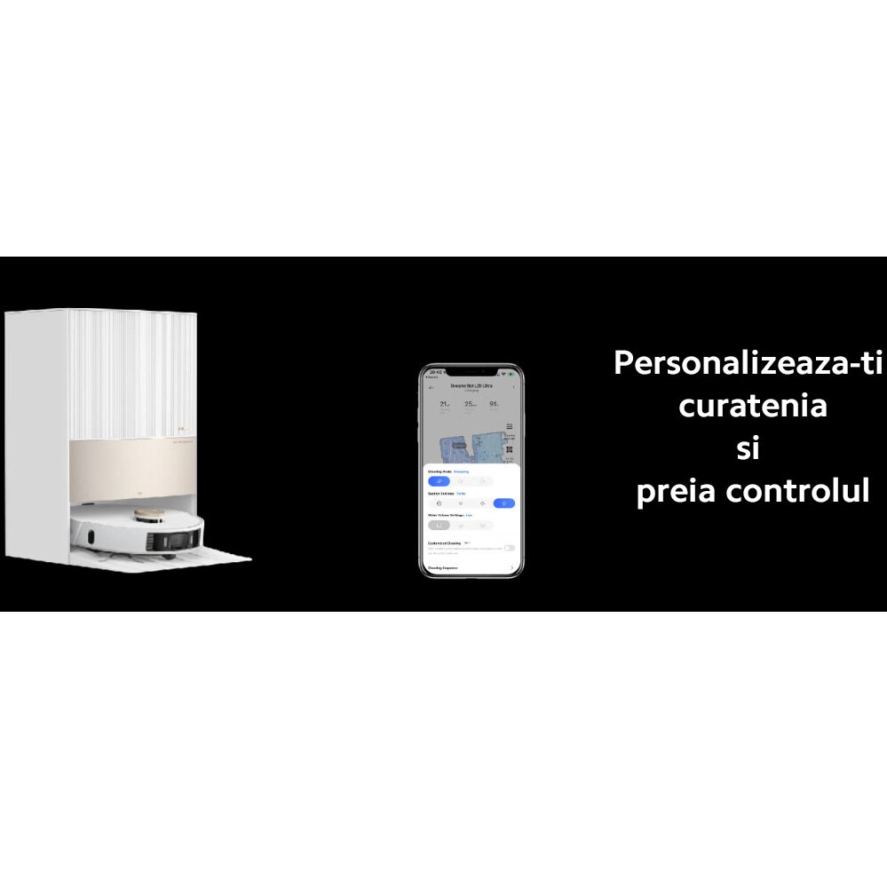 Robot de aspirare cu mop rotativ Dreame L20 Ultra RLX41CE-1, statie automata de golire 3.2l, 7000Pa, rezervor praf 0.3l, rezervor apa 0.08l, baterie 6400mAh, autonomie pana la 180 min, alb