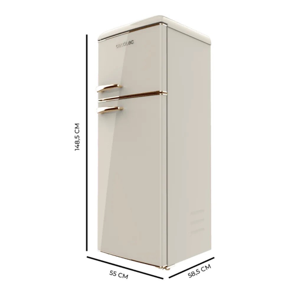 Frigider Retro Cecotec, Bolero CoolMarket 2D Origin, capacitate toatala 215 litri, iluminare interioara, manere ergonomice, rafturi din sticla, alarma acustica usa deschisa, control temperatura prin rotita, picioare reglabile, design vintage, elegant, bej