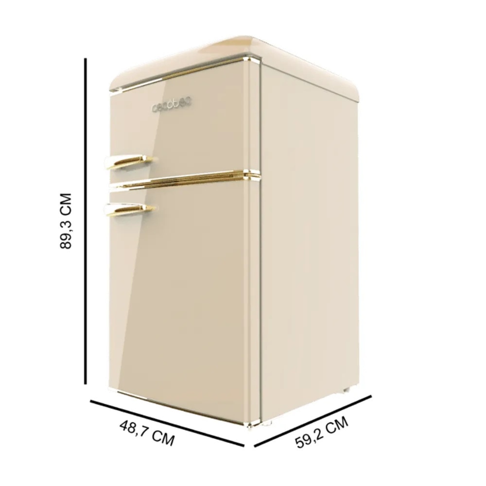 Mini frigider Retro Cecotec, Bolero CoolMarket, 86 litri, H 89.3 cm, congelator 26 litri, 2 rafturi sticla securizata, 1 compartiment fructe/legume, 3 compartimente usa, compartiment congelator, iluminare LED, termostat ajustabil manual, bej