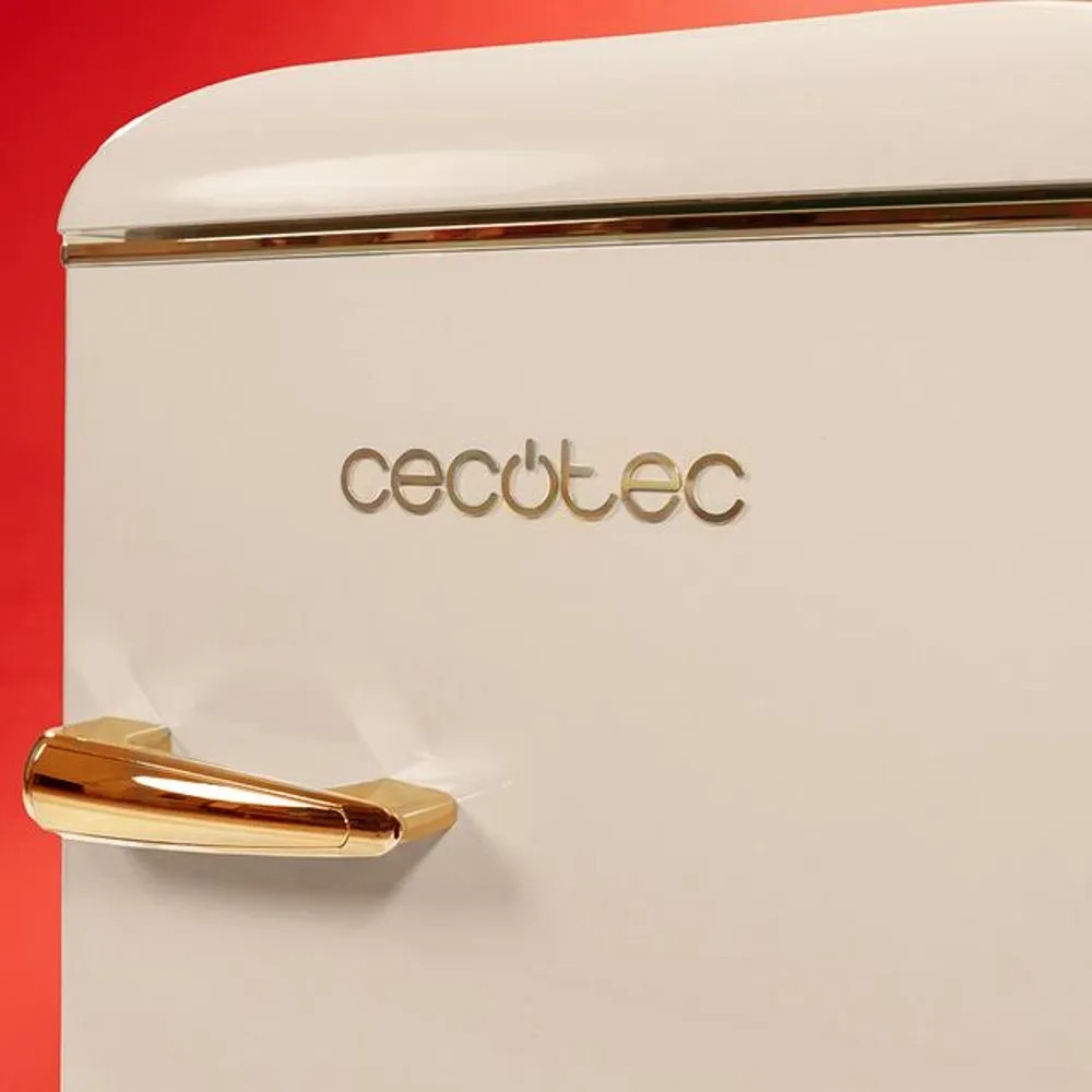Mini frigider Retro Cecotec, Bolero CoolMarket, 86 litri, H 89.3 cm, congelator 26 litri, 2 rafturi sticla securizata, 1 compartiment fructe/legume, 3 compartimente usa, compartiment congelator, iluminare LED, termostat ajustabil manual, bej