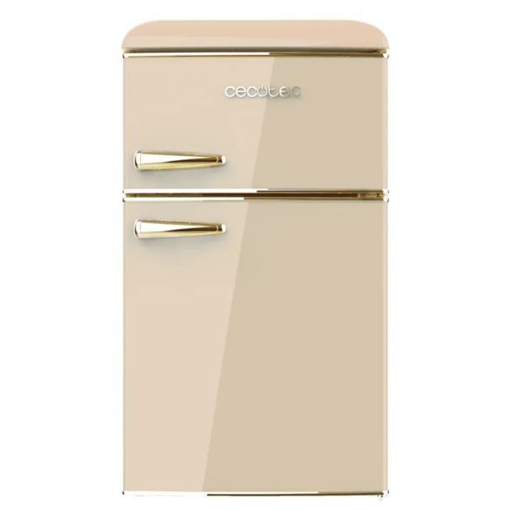 Mini frigider Retro Cecotec, Bolero CoolMarket, 86 litri, H 89.3 cm, congelator 26 litri, 2 rafturi sticla securizata, 1 compartiment fructe/legume, 3 compartimente usa, compartiment congelator, iluminare LED, termostat ajustabil manual, bej