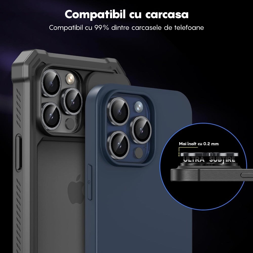 Folie Protectie Lentile Camera compatibila cu iPhone 12 Pro, CASEY STUDIOS™ MaxDefense+, Ultra HD, Anti Zgarieturi, Anti Socuri, Argintiu