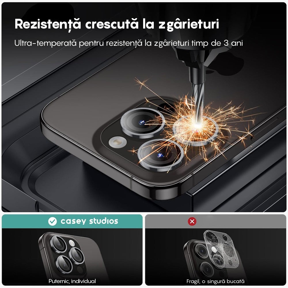 Folie Protectie Lentile Camera compatibila cu iPhone 12 Pro, CASEY STUDIOS™ MaxDefense+, Ultra HD, Anti Zgarieturi, Anti Socuri, Argintiu