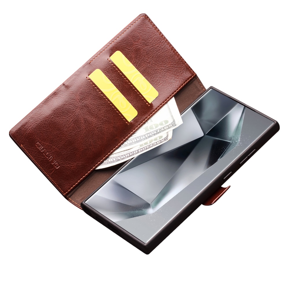 Husa pentru Samsung Galaxy S25 Ultra, Qialino Magnetic Classic Wallet, din piele naturala fina, inchidere sigura magnetica, tip carte, cu buzunare carduri si bani, culoare Maro coffee