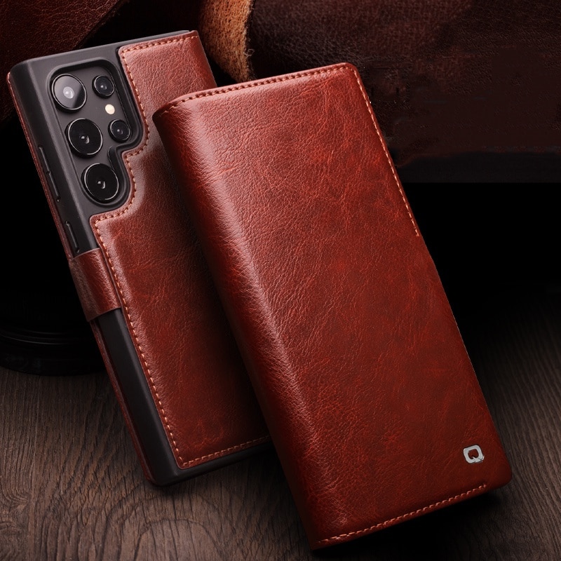 Husa pentru Samsung Galaxy S25 Ultra, Qialino Magnetic Classic Wallet, din piele naturala fina, inchidere sigura magnetica, tip carte, cu buzunare carduri si bani, culoare Maro coffee