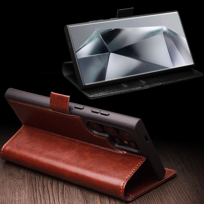 Husa pentru Samsung Galaxy S25 Ultra, Qialino Magnetic Classic Wallet, din piele naturala fina, inchidere sigura magnetica, tip carte, cu buzunare carduri si bani, culoare Maro coffee