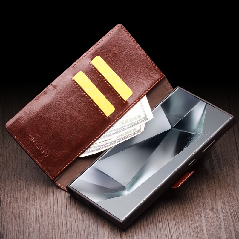 Husa pentru Samsung Galaxy S25 Ultra, Qialino Magnetic Classic Wallet, din piele naturala fina, inchidere sigura magnetica, tip carte, cu buzunare carduri si bani, culoare Maro coffee
