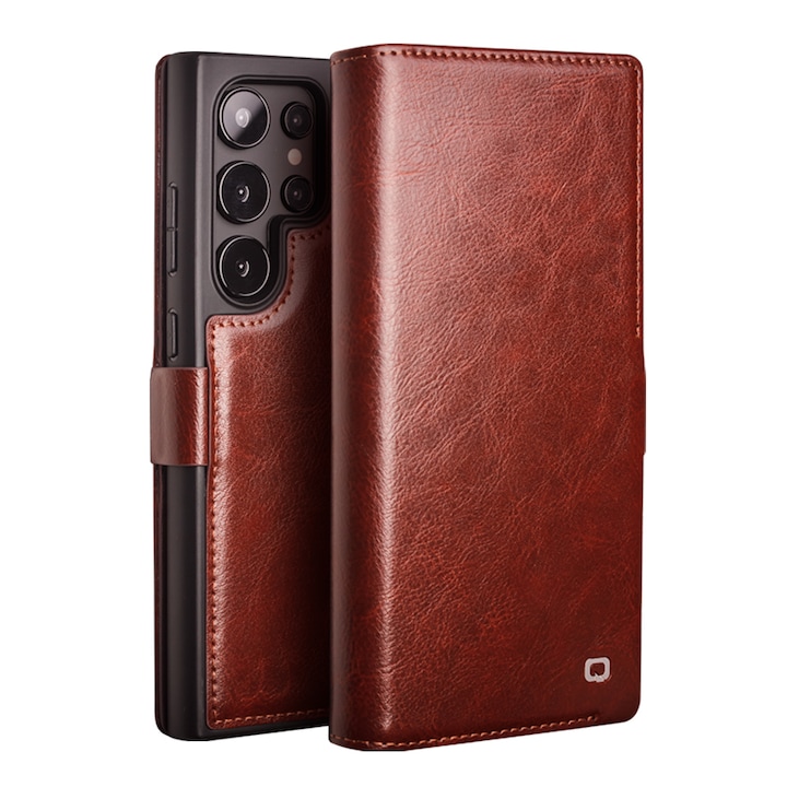 Husa pentru Samsung Galaxy S25 Ultra, Qialino Magnetic Classic Wallet, din piele naturala fina, inchidere sigura magnetica, tip carte, cu buzunare carduri si bani, culoare Maro coffee