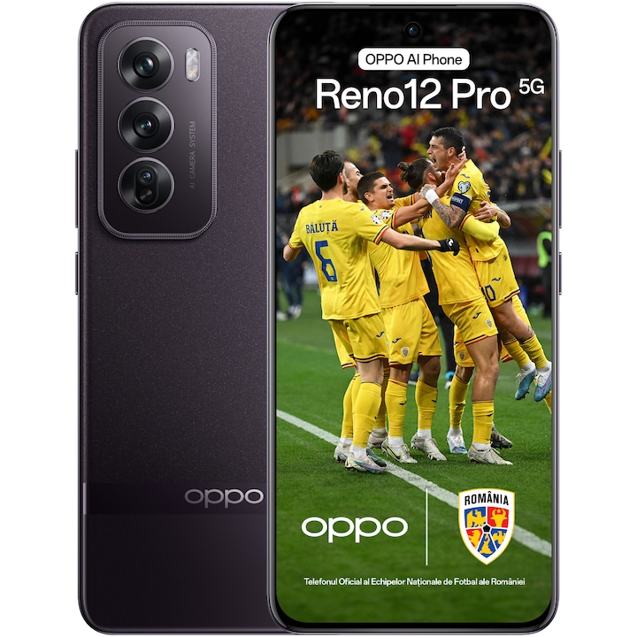 Telefon mobil OPPO Reno12 Pro UEFA Champions League Edition, Dual SIM, 512GB, 12GB RAM, 5G, Nebula Black + breloc UCL, Popsocket UCL, Panza microfibra pentru curatare ecran