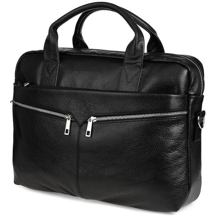 Geanta pentru laptop, Beltimore, Piele naturala, 40 x 15 x 30 cm, Negru