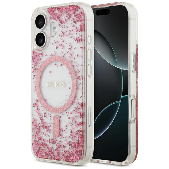 Husa protectie telefon Guess Resin Bottom Glitter MagSafe, roz, pentru iPhone 17