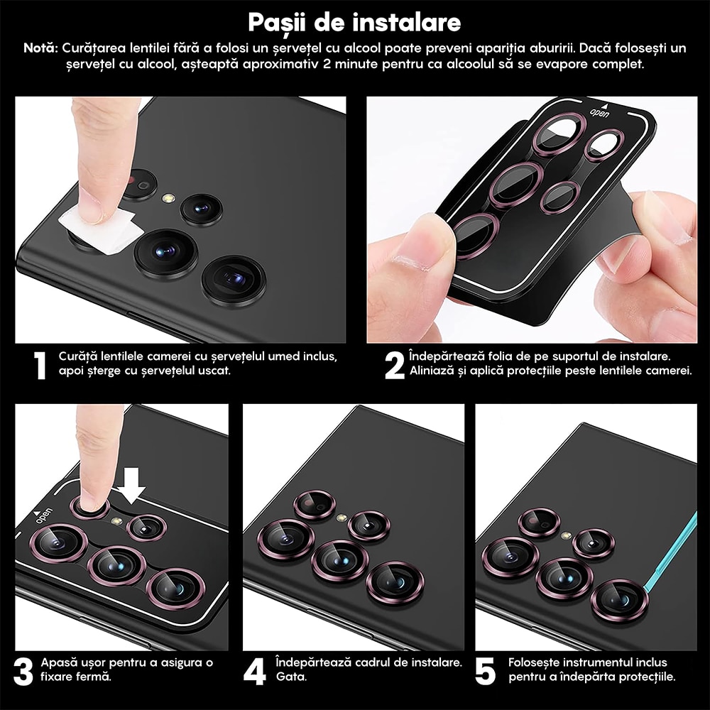 Folie Protectie Lentile Camera compatibila cu Samsung Galaxy S25 Ultra, CASEY STUDIOS™ MaxDefense+, Ultra HD, Anti Amprente, Anti Zgarieturi, Anti Socuri, Roz