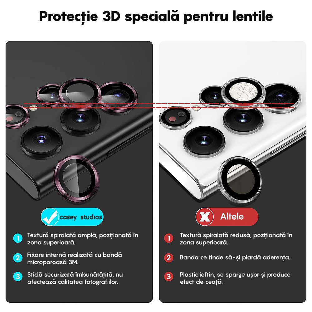 Folie Protectie Lentile Camera compatibila cu Samsung Galaxy S25 Ultra, CASEY STUDIOS™ MaxDefense+, Ultra HD, Anti Amprente, Anti Zgarieturi, Anti Socuri, Roz