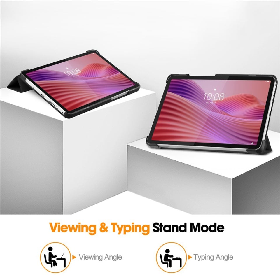 Husa tableta pentru Lenovo Tab One 8.7, SKYDDAR INNOVATION, cu suport Multi-Unghi si functie Sleep/Wake, FoldPro, Negru, set cu sticker