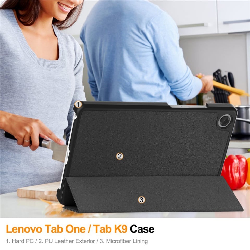 Husa tableta pentru Lenovo Tab One 8.7, SKYDDAR INNOVATION, cu suport Multi-Unghi si functie Sleep/Wake, FoldPro, Negru, set cu sticker