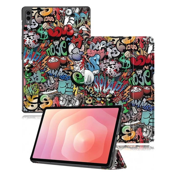 Husa tableta pentru Samsung Galaxy Tab S11 Ultra, SKYDDAR INNOVATION, cu suport Multi-Unghi si functie Sleep/Wake, FoldPro, Urban vibe, set cu sticker